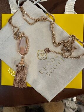 Kendra Scott Rose Gold Tassel Necklace with Iridescent Pink Stone